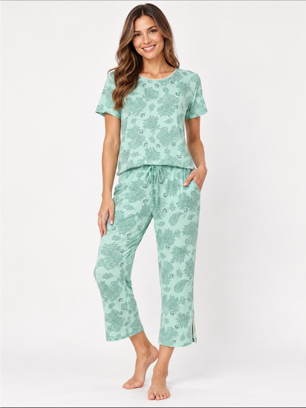 Flora Nikrooz Everly 2 Piece Lightweight Cooling Short Sleeve Capri PJ Set Green